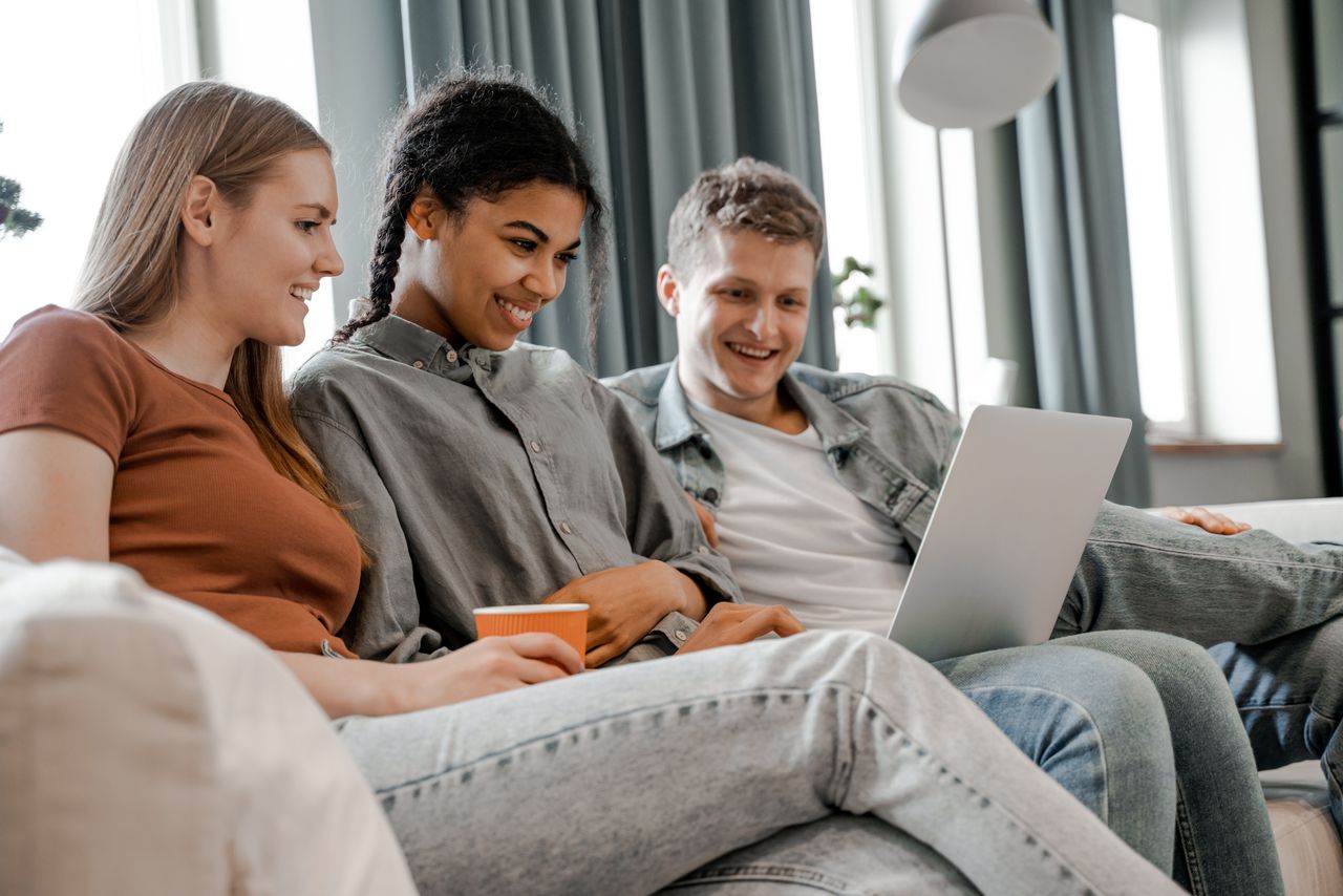 A group of friends watching The Christ Child short film together